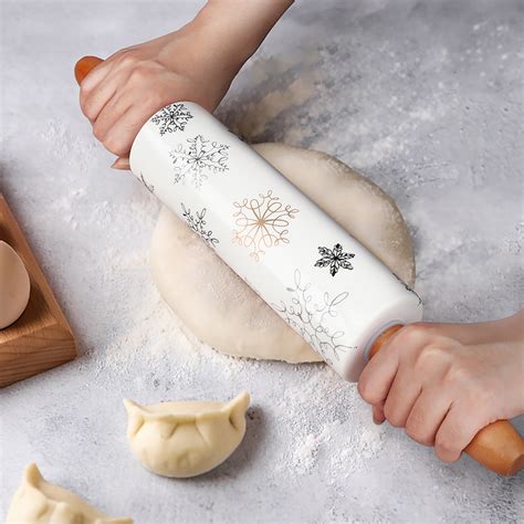 Custom Pattern Baking Tools Ceramic Rolling Pin With Wood Handle