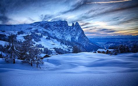 Hd Wallpaper Winter Thick Snow Mountains Trees Houses Blue Dawn