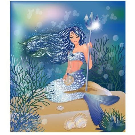 Beautiful Mermaid With Trident And Seashell Vector Illustration