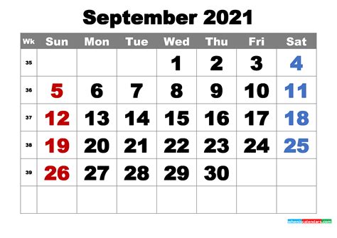 Free Printable September 2021 Calendar Word Pdf Image