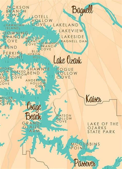 Lake Of The Ozarks Mo Map Print With Mile Markers