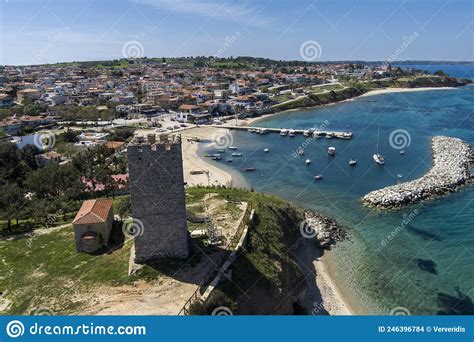 Aerial View Of Byzantine Tower And Beach Of Village Nea Fokea In