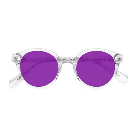 clear narrow horn rimmed round tinted sunglasses with purple sunwear lenses bellion tinted