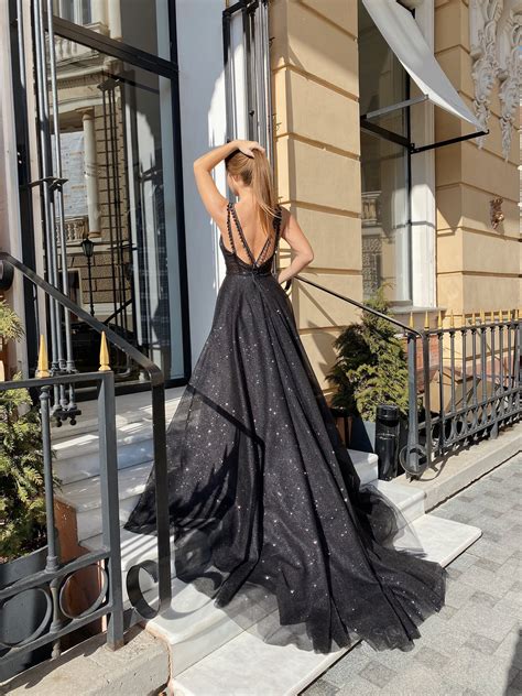 Black Glitter Prom Dress Maxi Glitter Lace Plunge Neck Etsy