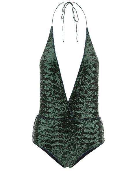 Oséree Synthetic Sequined Halterneck One Piece Swimsuit In Green Save