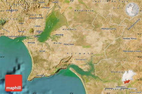 Le climat est méditerranéen tempéré, avec des étés chauds. Satellite Map of Península De Setúbal