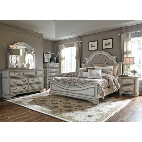 This bedroom sets complete bed just radiates glamour with its luxurious tufted headboard and inset crystals accompanied by a braided border; Liberty Furniture Magnolia Manor LIBE-GRP-244-KINGSUITE ...