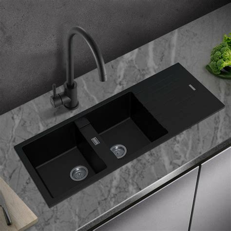 Expert Homewares Black Granite Double Kitchen Sink Bowl With Drainboard