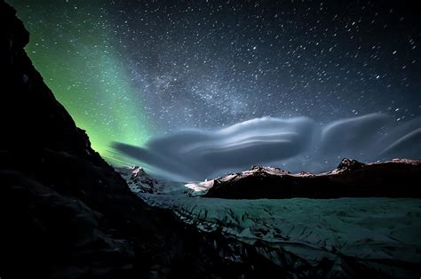 The Northern Lights And Milky Way At Night Vatnajokull Glacier