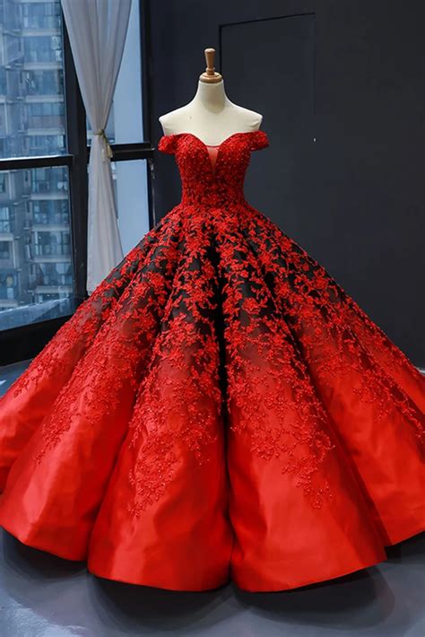 Real Picture Red Heavy Satin Off The Shoulder Floor Length Formal Prom Dress Ball Gown With