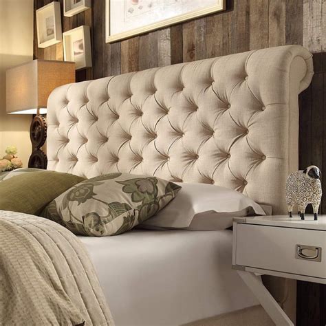 Rolled Top Button Tufted Chesterfield King Headboard Tan Beige Color