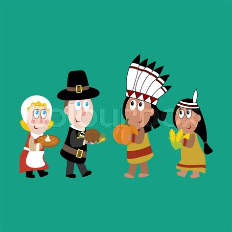 Pilgrims And Indians Illustration On Stock Vector Colourbox