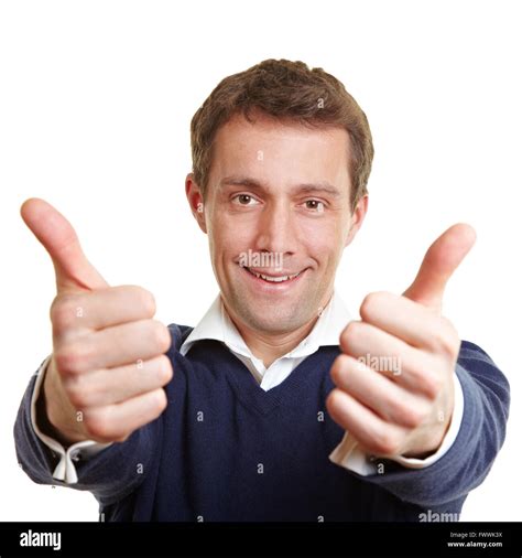 Cheering Happy Man Holding Both Thumbs Up Stock Photo Alamy