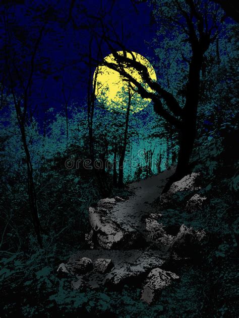 Modo Spaventoso Nella Foresta Di Notte Con La Luna Illustrazione Di