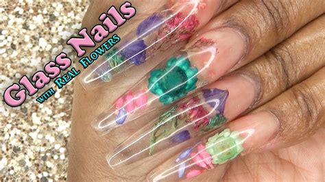 Acrylic Nails Crystal Clear Glass Nails With Real Flowers