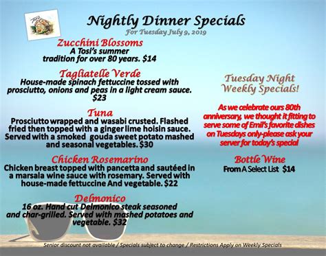 Great food.super fresh, well cooked and presented. Tuesday Dinner Specials July 9, 2019 Vinyl Night in the Garden! Wednesday July 10th (269) 429 ...