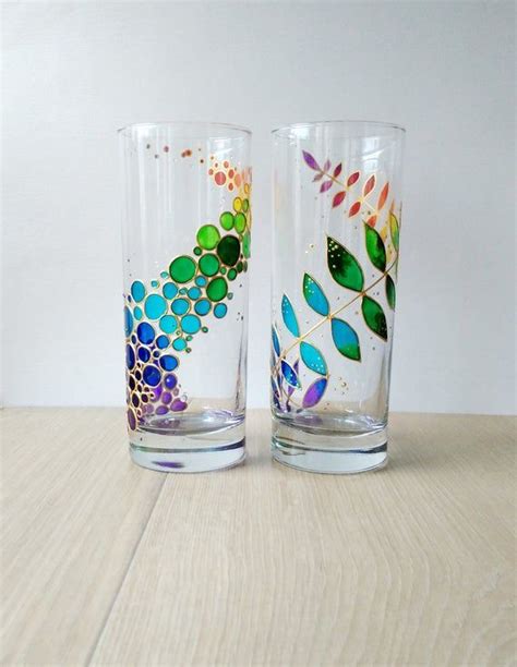 Rainbow Drinking Glasses Set Of 2 Hand Painted Floral Colorful Tumblers