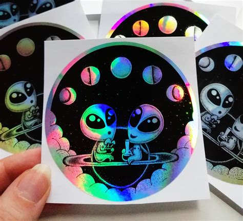 Holographic Tripping Aliens Sticker Outer Space Holo Decals Etsy