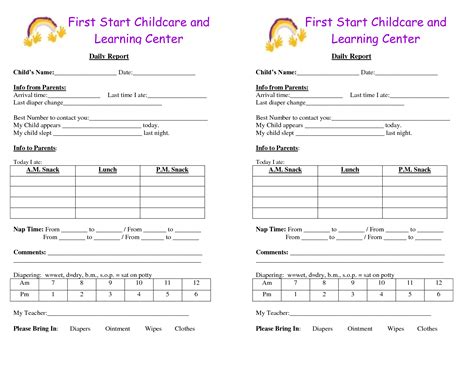 Daycare Infant Daily Report Template Tagua