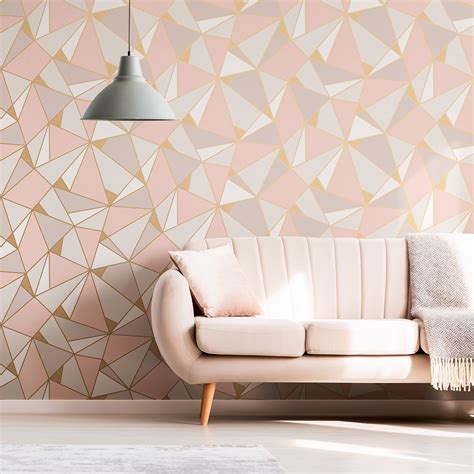 Geometric Wallpaper Pink Rose Gold Glitter Metallic Fine Decor Trance