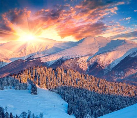 Colorful Winter Sunrise In The Mountains Dramatic Sky Stock Image