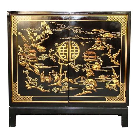 Vintage Asian Oriental Drexel Heritage Black Chinoiserie Cabinet Side