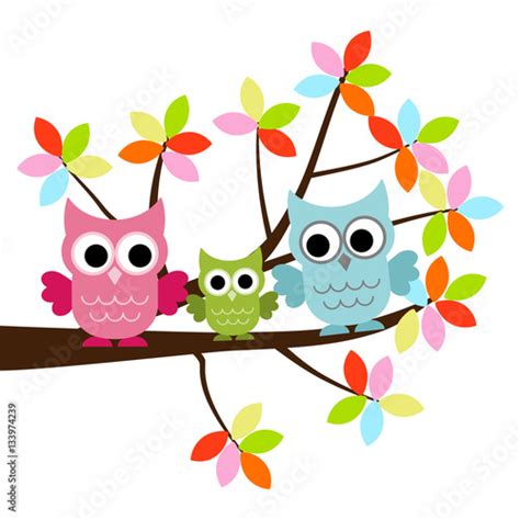 Three Owls Sitting On The Branch Stock Image And Royalty Free Vector
