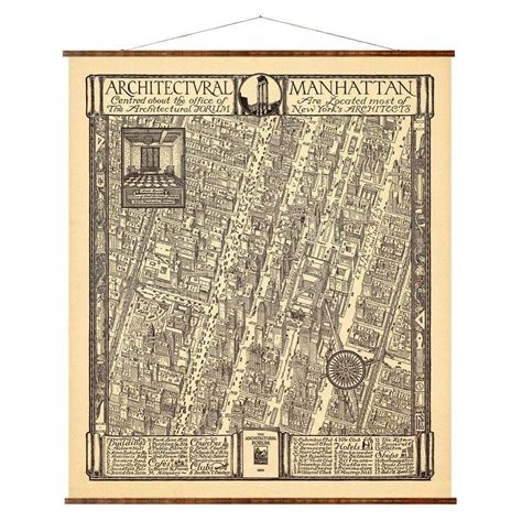 Manhattan Architectural Map Vintage Ready To Hang Roll Down Canvas Map
