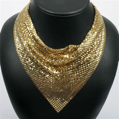 Gold Mesh Cowl Bib Necklace Vintage Goldtone Sparkler Vintage