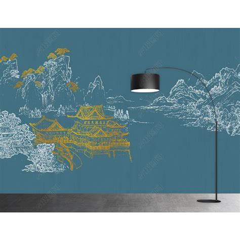 3d Chinese Style Line Drawn Mountain Palace Wall Mural Wallpaper