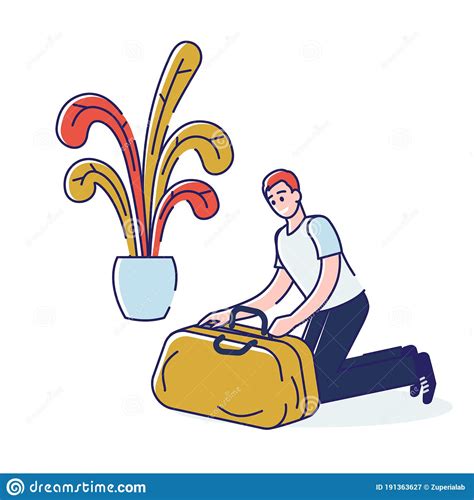 Man Packing Young Cartoon Guy Closing Suitcase With Clothes And