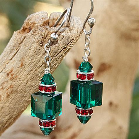 Green Red Swarovski Ornament Earrings Christmas Holiday Jewelry T