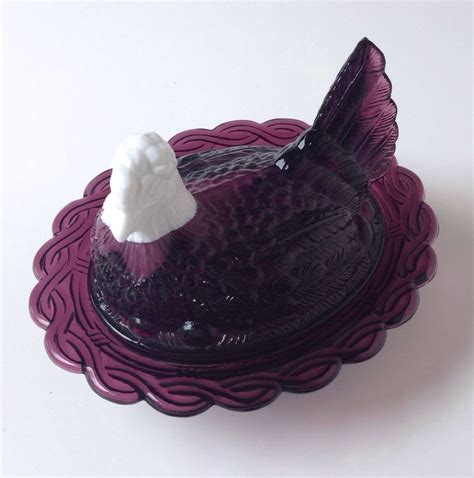 Vtg Mosser Amethyst Milk Glass Hen On Nest Purple White Dish Basket 6 5 Hon Chickens And