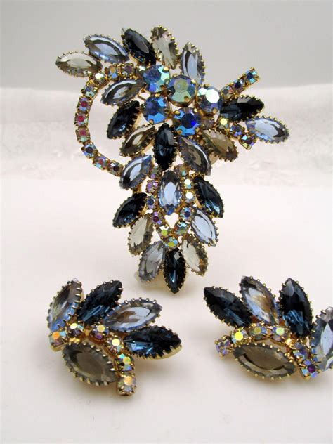 Gorgeous Shades Of Blue Marquise Rhinestone Brooch And Earrings