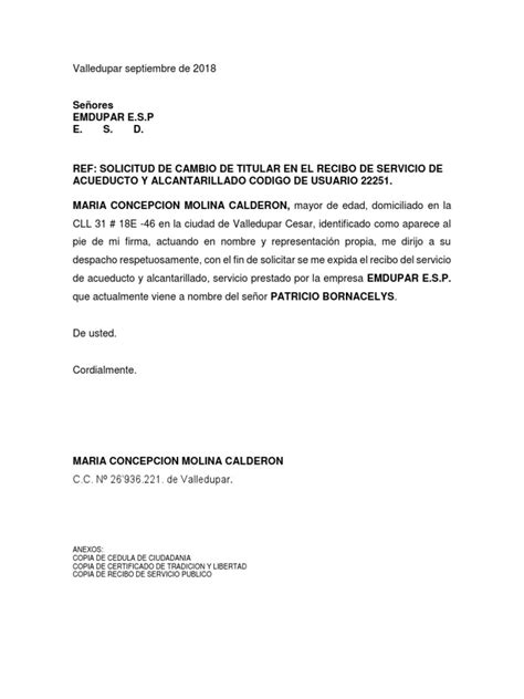 Carta Solicitud Cambio De Titular De Recibo De Servicio Publico