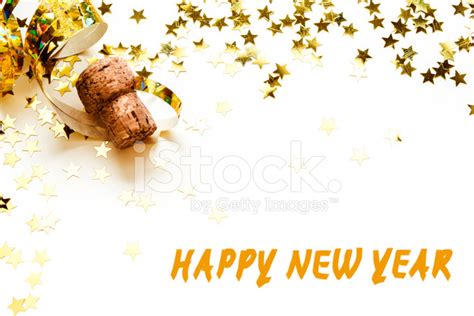 Happy New Year Golden Confetti Streamers Champagne Cork Isol Stock