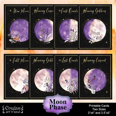 Moon Phase Printable Cards Two Sizes Creative Artnsoul Store