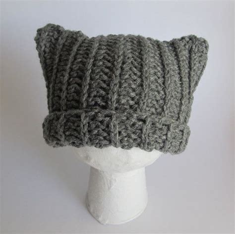 Meow Crochet Infant Ribbed Cat Ear Beanie With Rolled Cuff Gray