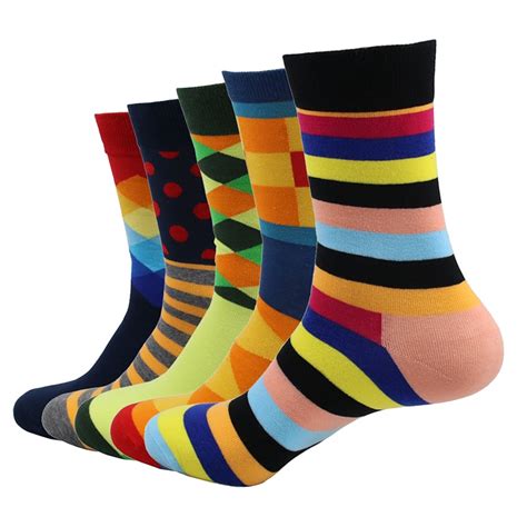5 Pairlot Autumn Mens Colorful Socks Diamond Lattice Striped Cotton Socks Creative Fashion