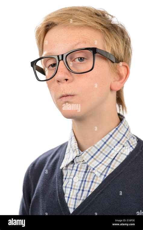 Serious Teenage Nerd Boy Wearing Geek Glasses Against White Stock Photo