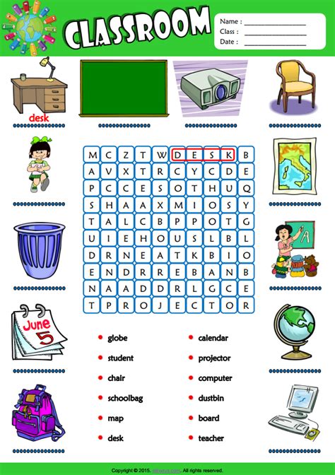 In The Classroom Esl Vocabulary Word Search Worksheet For Kids