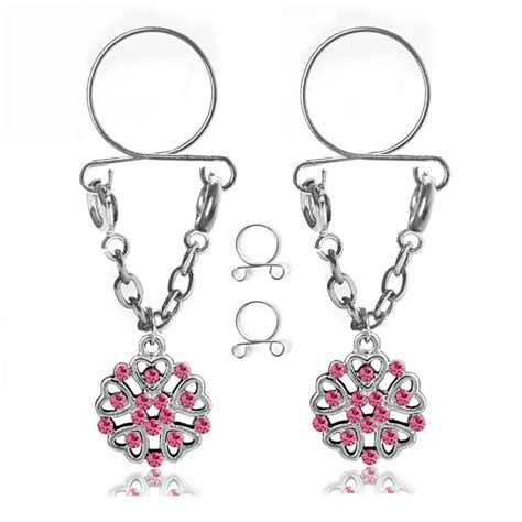 2pcs Non Pierced Clip On Fake Dangle Nipple Ring Flowers Body Jewelry