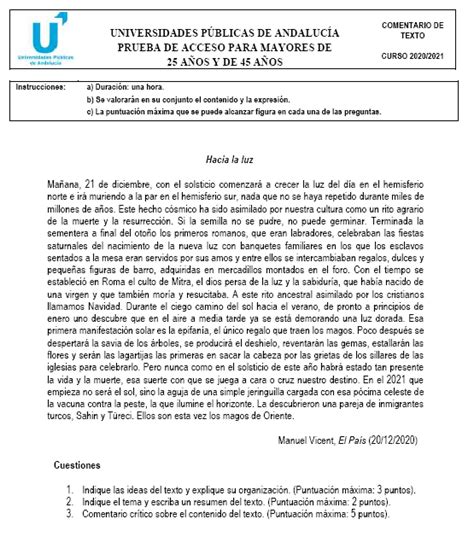 Práctica De Comentario De Texto Pam 25 Y 45 Andalucía 2021