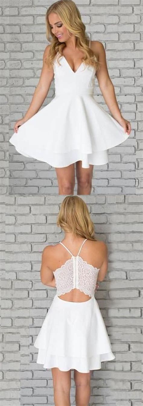 A Line Spaghetti Straps Short White Satin Homecoming Dress With Lace Mini Homecoming Dresses