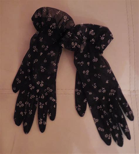 Vintage Gloves 1950s Sheer Black Nylon Gloves White Floral Print Wrist