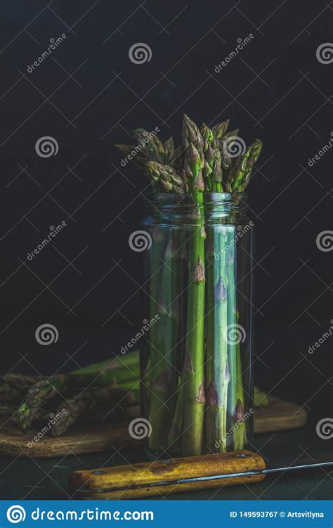 Green Asparagus In Glass Jar Stock Image Image Of Space Texture