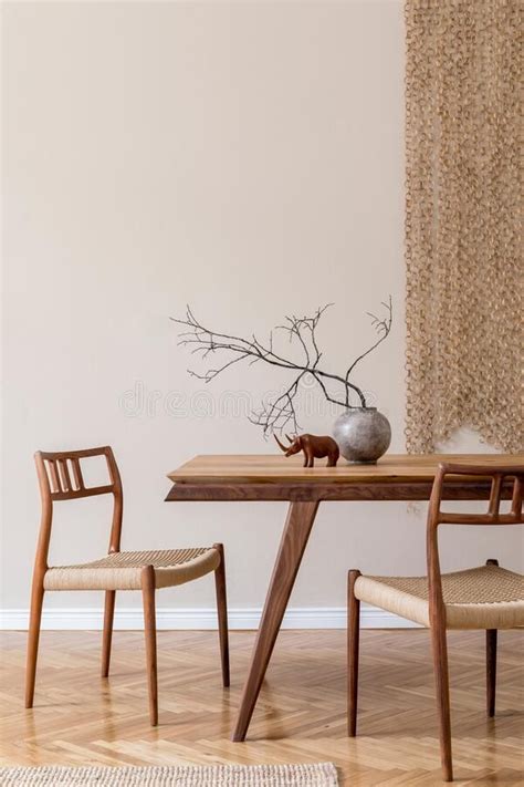 Stylish Dining Room In Japandi Interior Design Style Rattan