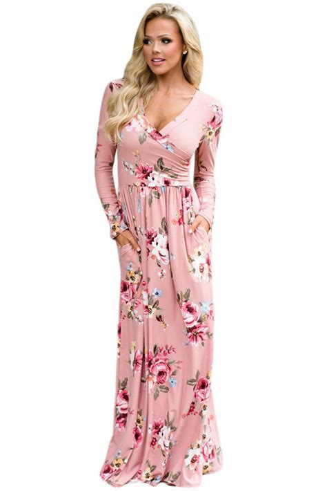 Mauve Floral Surplice Long Sleeve Maxi Boho Dress Boho Maxi Dress