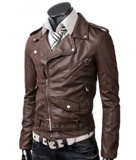Mens Belted Asymmetrical Slim Fit Brown Leather Jacket Jackets Creator