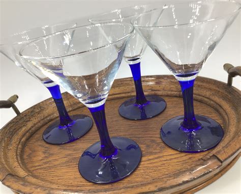 four small martini glasses cobalt stems clear bowl cocktail etsy